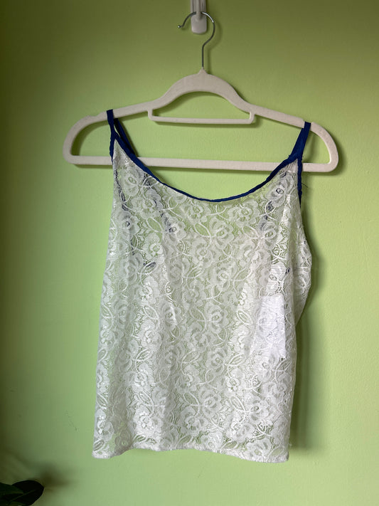 white lace top with blue trim