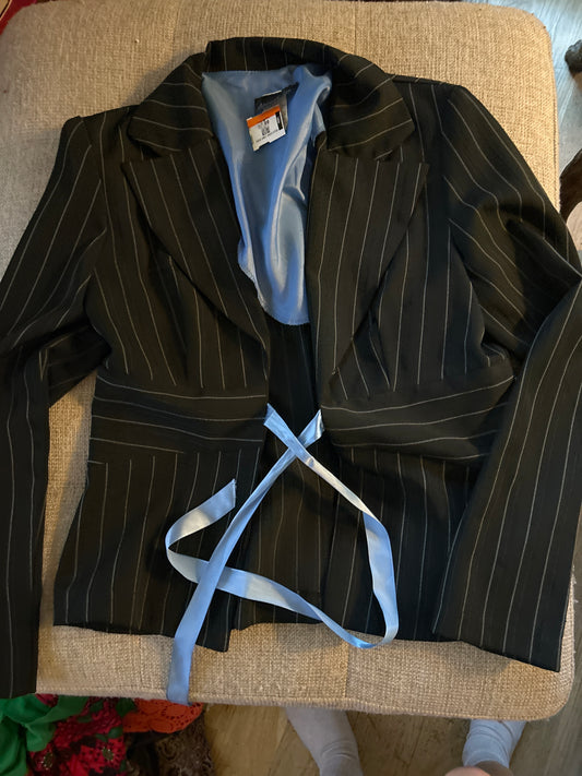 Black pinstripe blazer blue ribbon