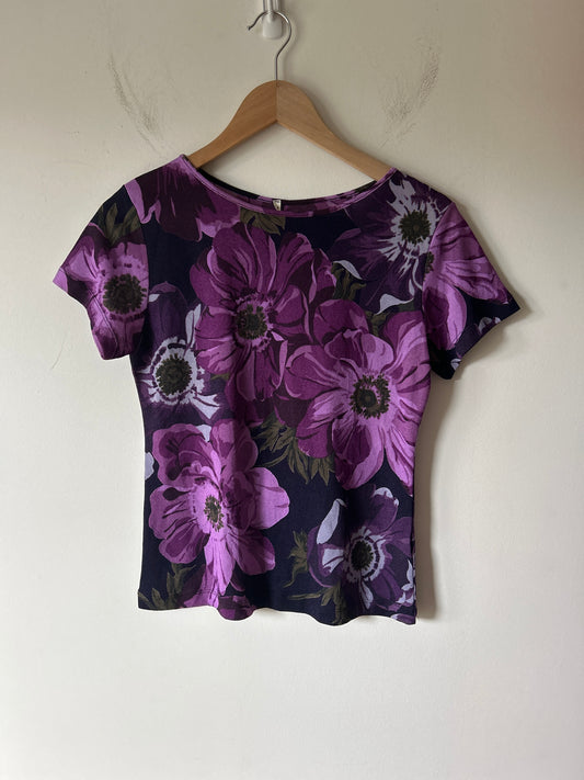 Y2K Semi-Sheer Purple Floral Top