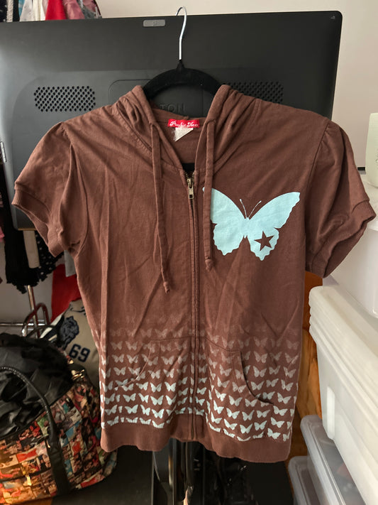 Brown butterfly short sleeve zip up