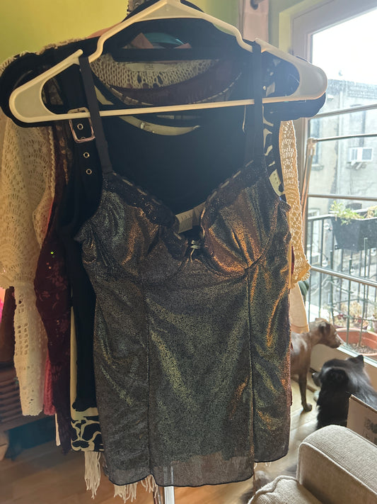 Silver sparkle tank with black lace