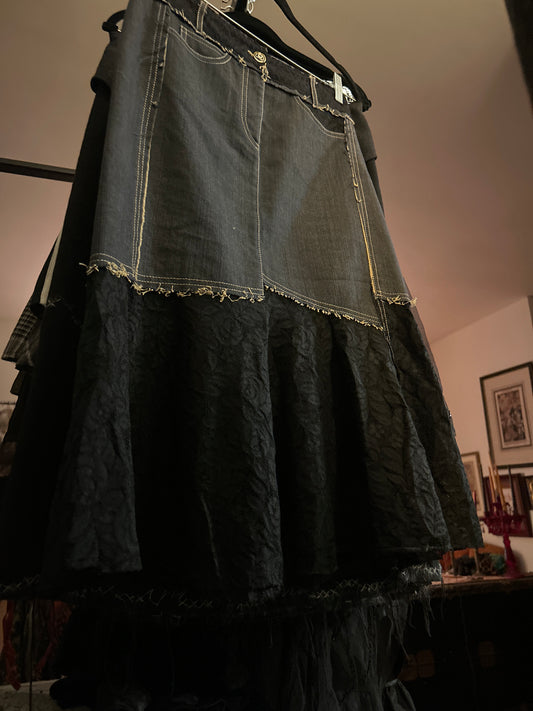 Dark denim skirt with black lace