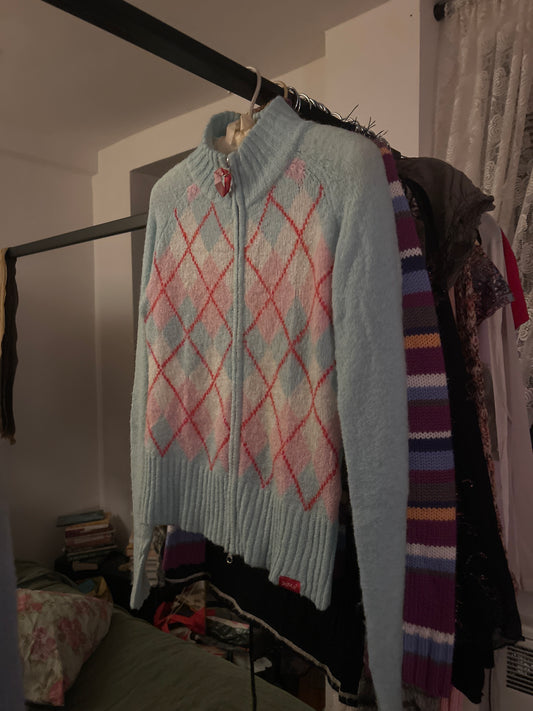 Wool blend argyle teal zip up