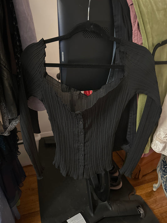 Black sheer pleated off shoulder button up