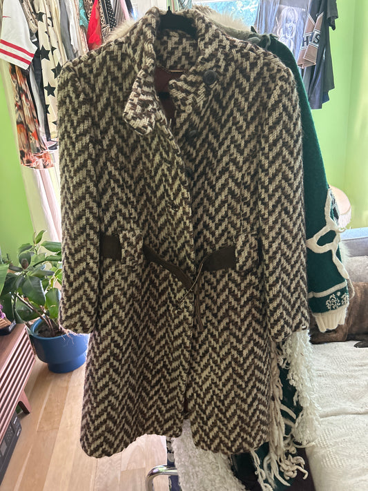 Brown and white tweed coat with belt