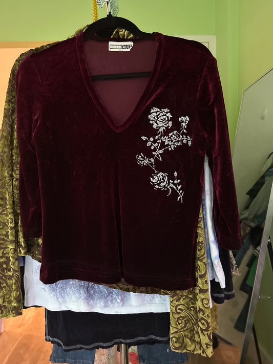 Dark red velvet top with flower detail