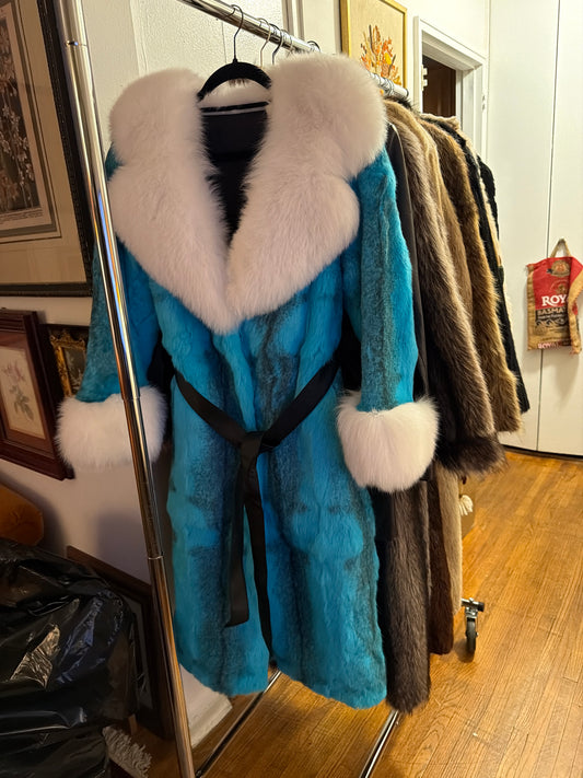 Turquoise fox fur wrap coat