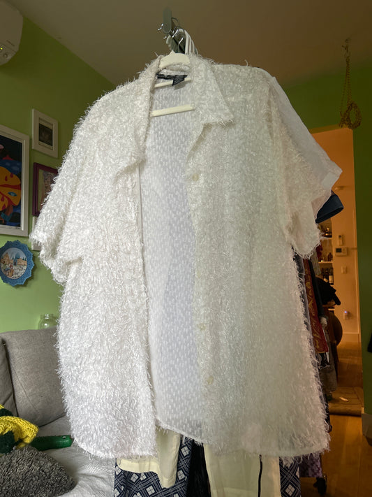 White fuzzy button up shirt