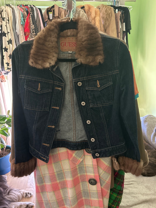 Guess denim jacket with mink trim