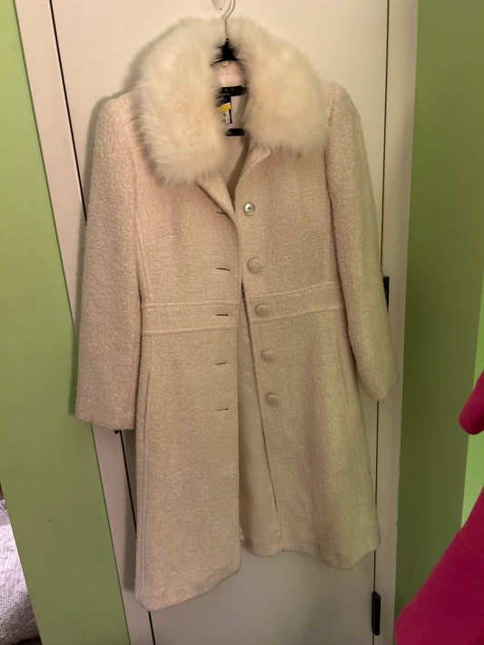 Arden B White tweed coat with fur collar