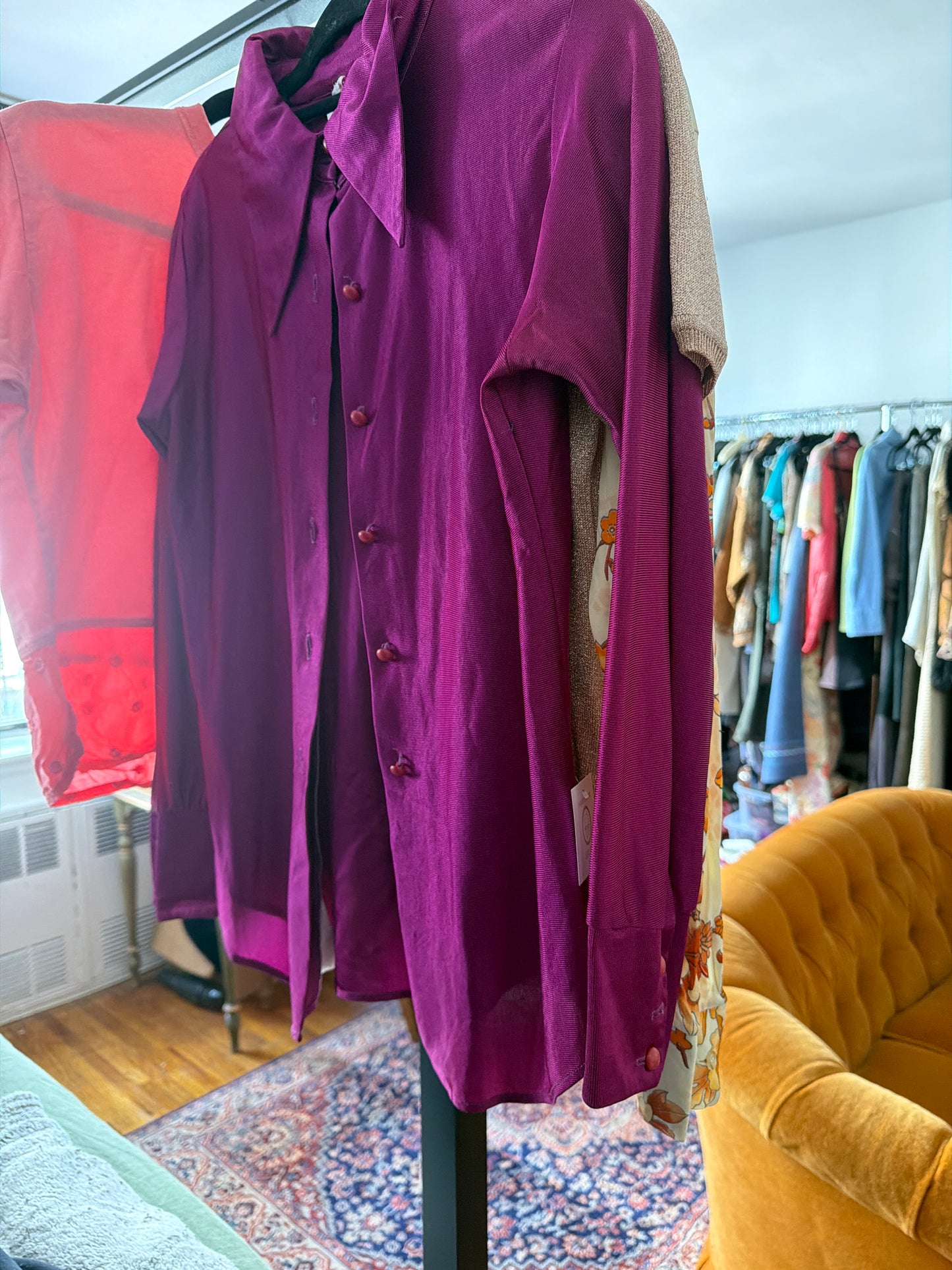 Purple 70s dagger collar blouse