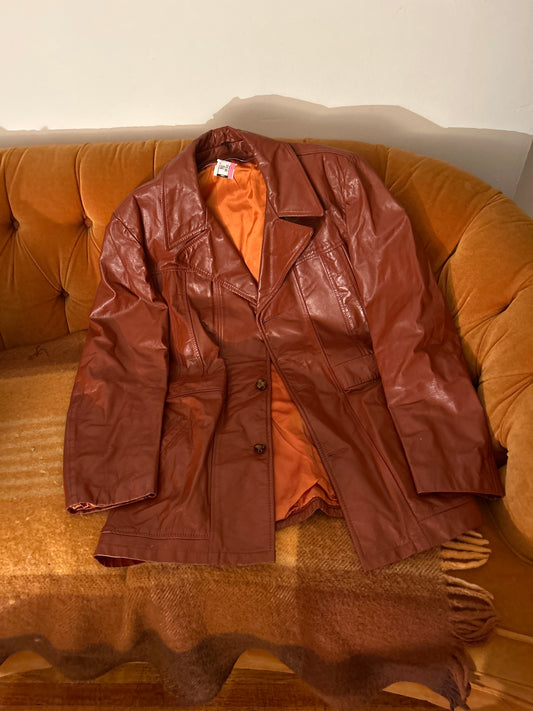Rust leather jacket long