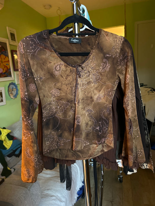 Brown tie-dye top with bell sleeves