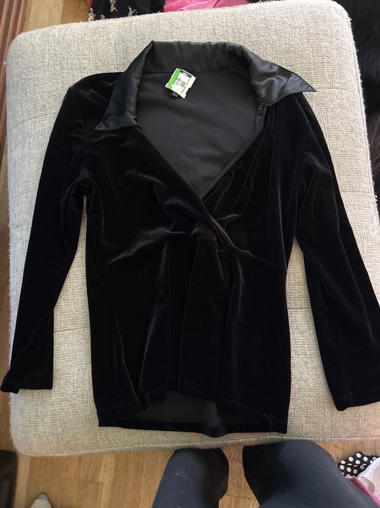 Black velvet long sleeve collared top