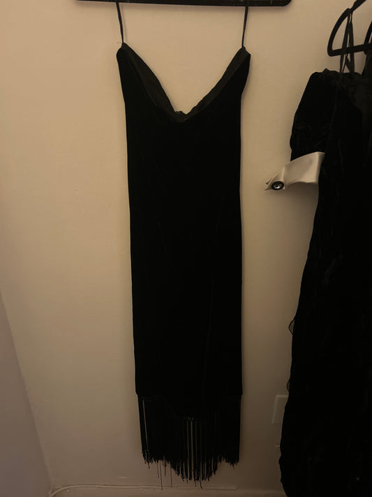 JM black velvet fringe dress 90