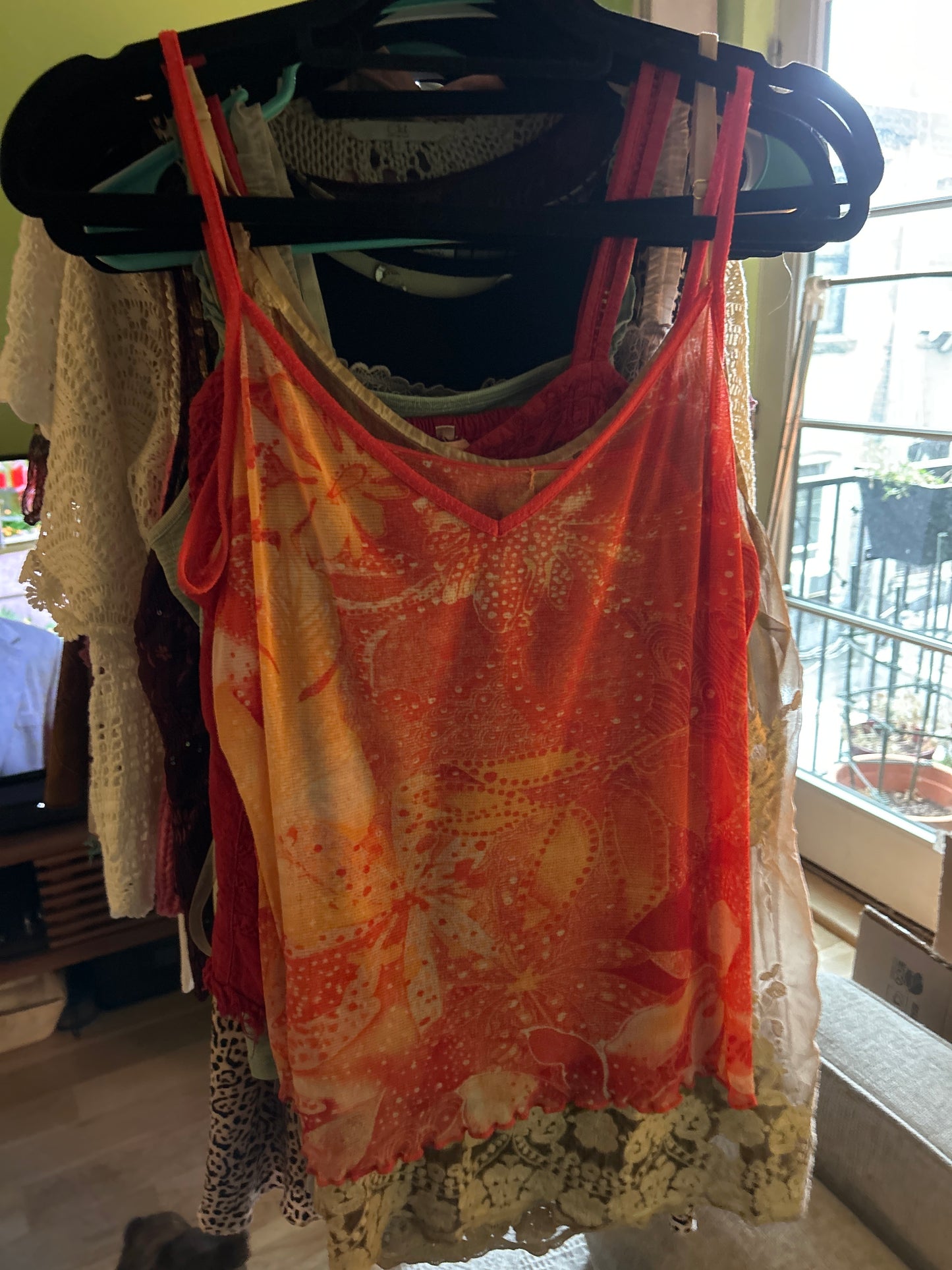 Red and orange mesh floral print tank top