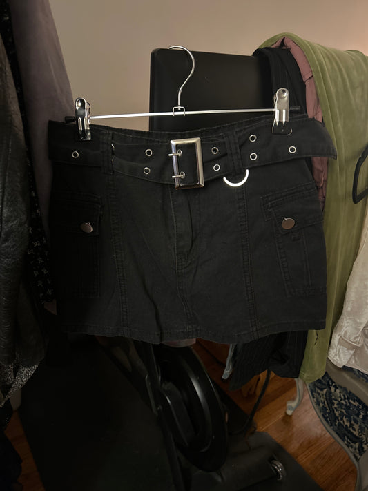 Black denim miniskirt with belt