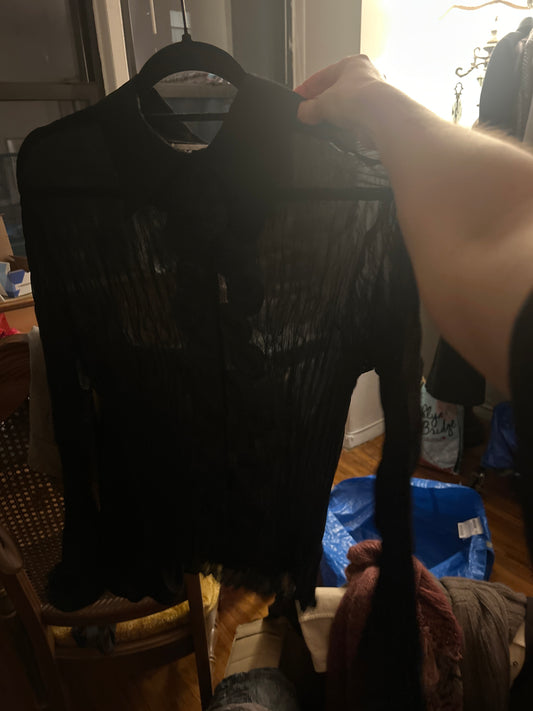 Expose black pleated button up with rosettes