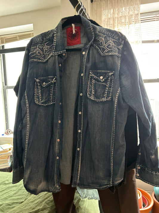 Denim button up with white stitching