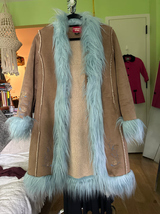 Guess jeans faux suede blue fur coat