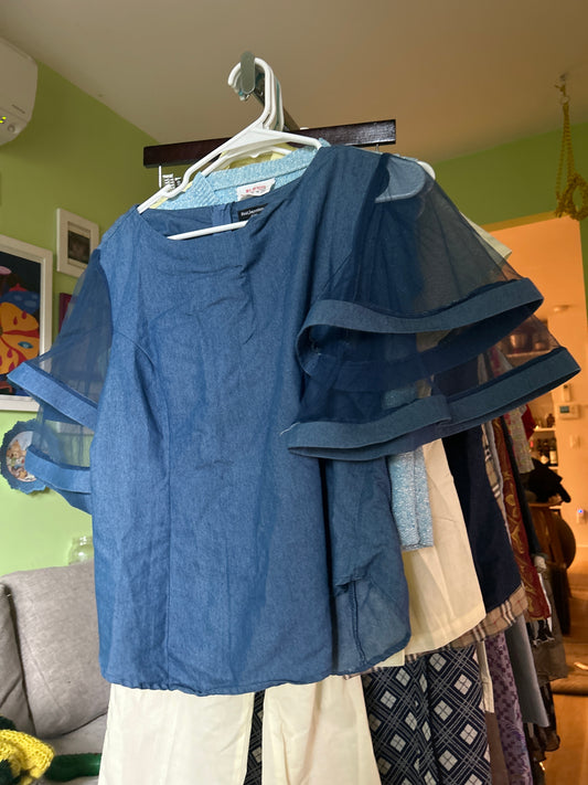 Blue top with sheer sleeves
