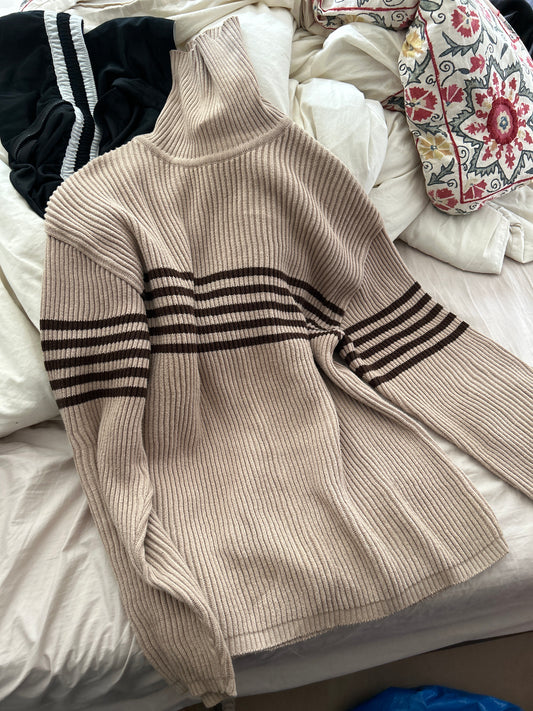 Pale brown sweater with brown horizontal stripes