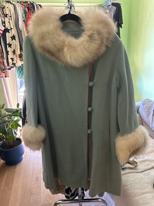 Baby blue coat with fox fur trim