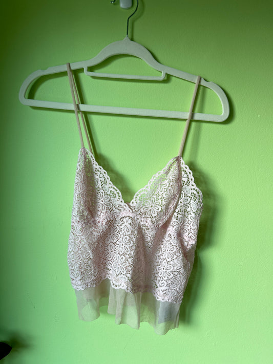 pink lace cami with mesh trim