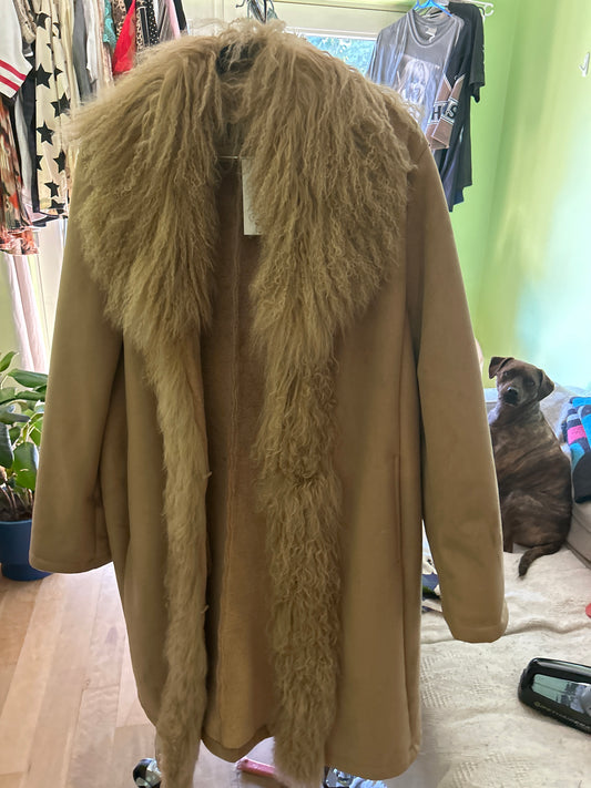 beige suede jacket with Mongolian lamb trim
