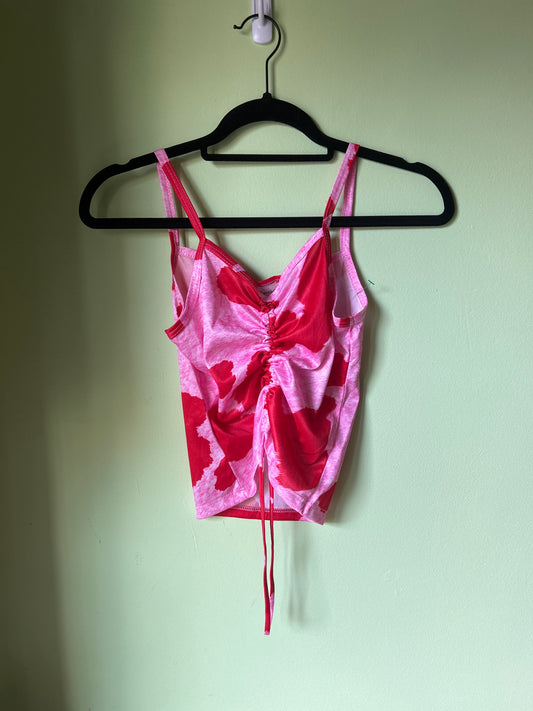Tank top in abstract pink/red print with ruched front