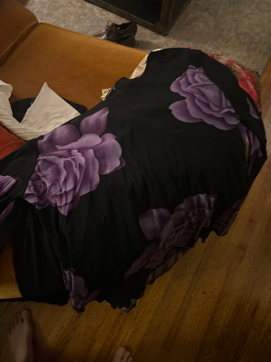 Black sheer top with purple rose