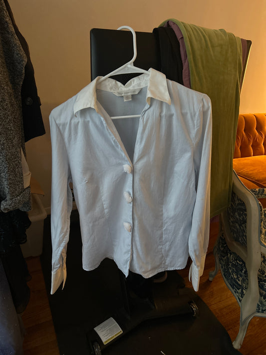 Pale blue button up with rose button detail