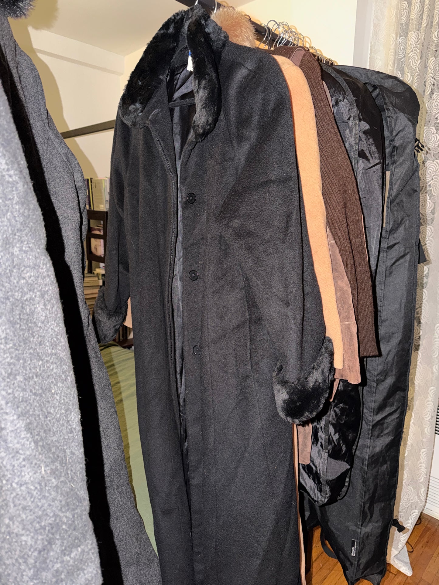 Black wool coat fur trim