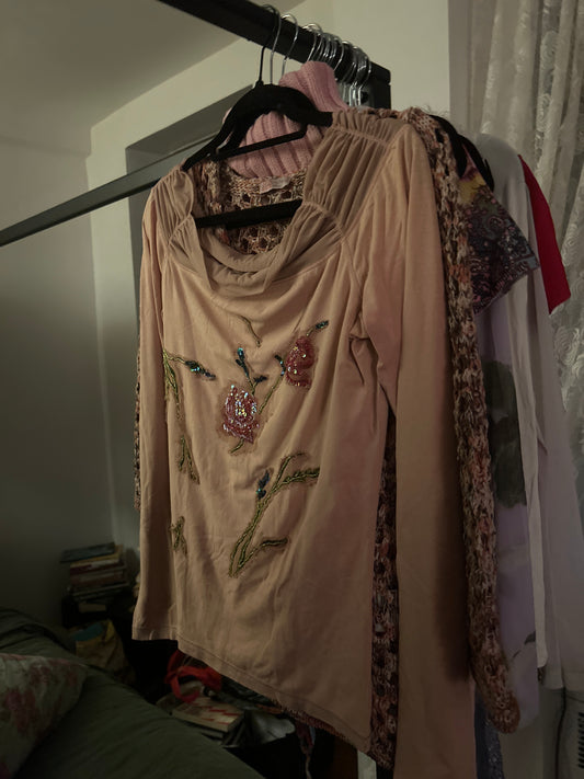 Pink long sleeve top with sequin roses