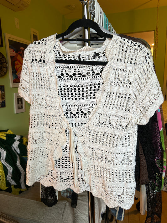 White crochet tie front top