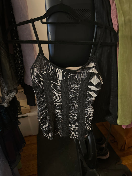 Black and white animal print tank top with lace