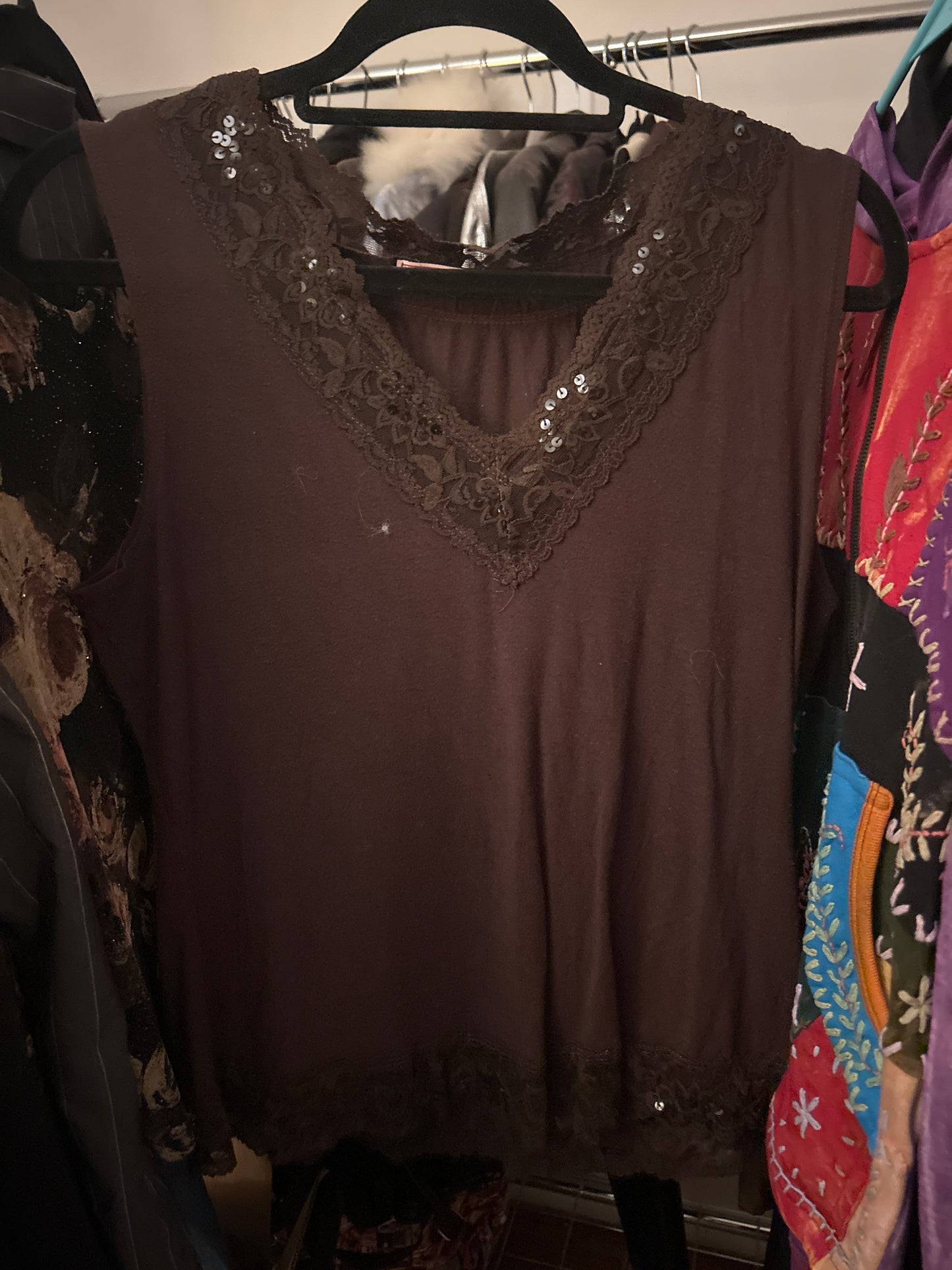 Brown V-neck tank top with lace trim