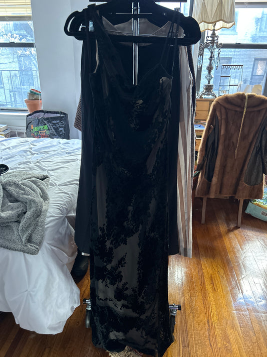 Evening dress with velvet sheer overlay
