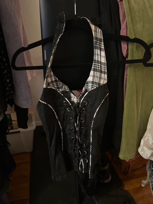 Black and white plaid lace up halter top