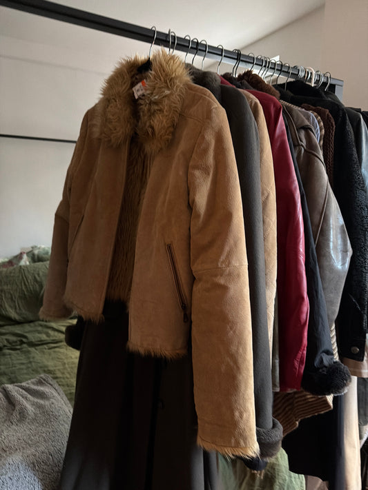 Suede jacket with faux fur trim