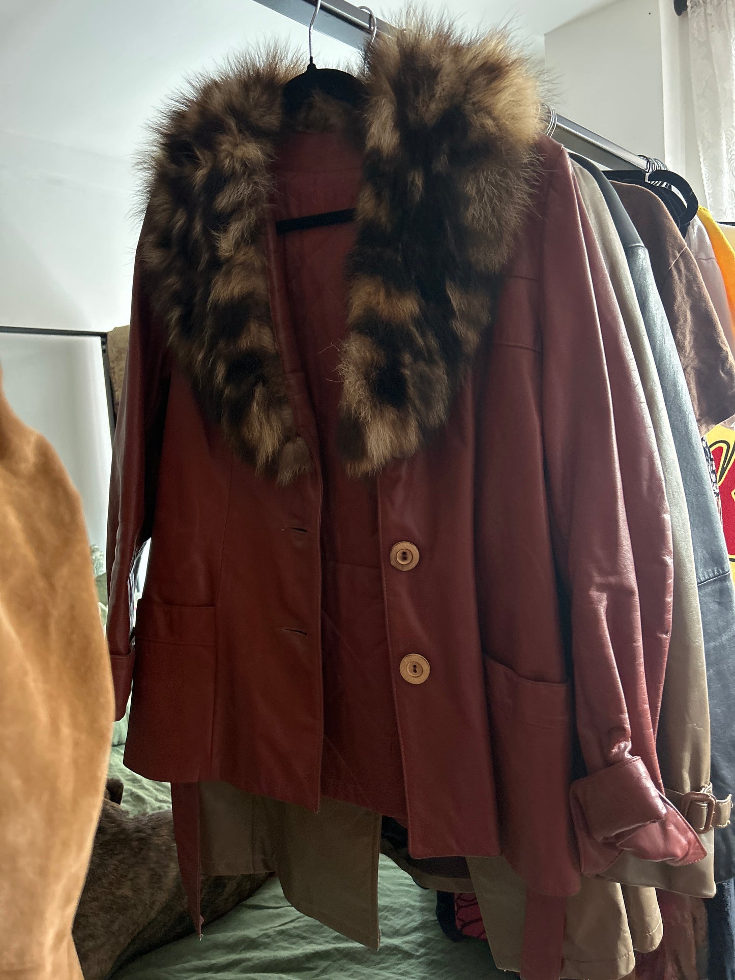 Red leather jacket with faux fur collar