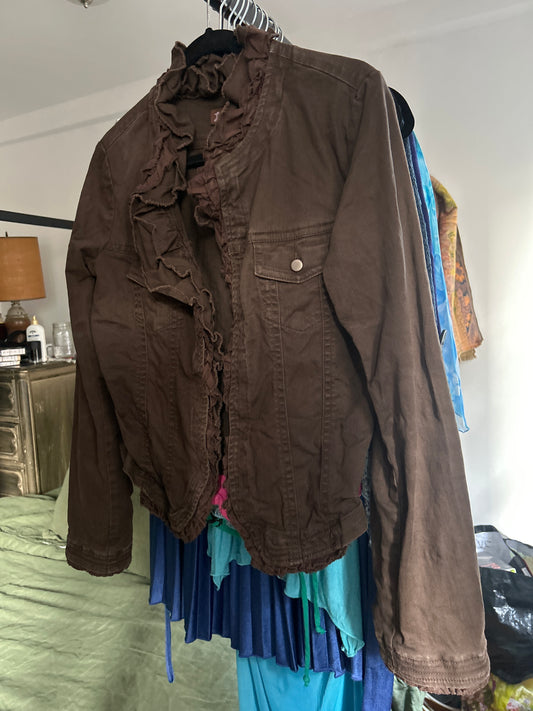 Brown denim jacket with ruffle
