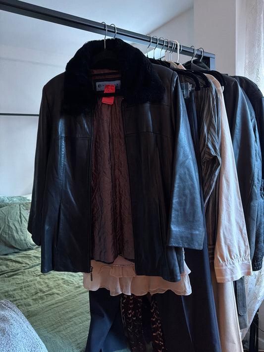 Black leather jacket with fur collar