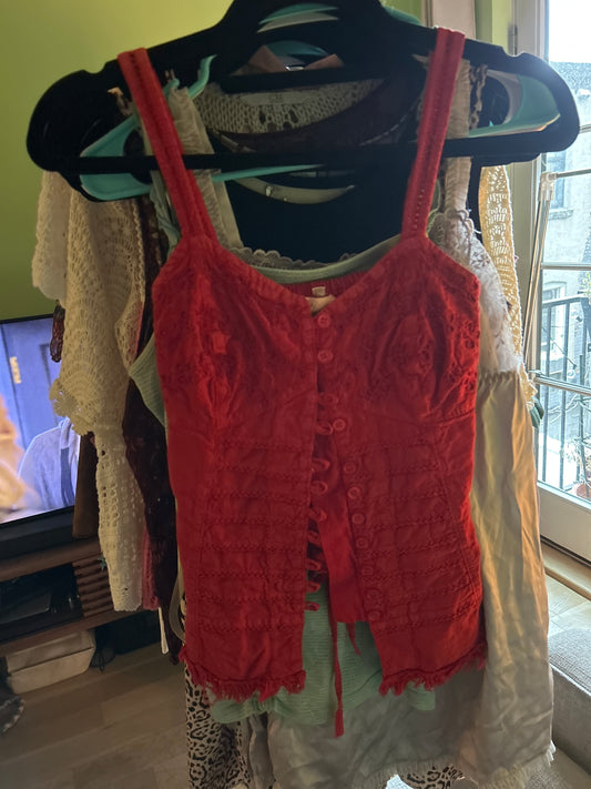 Red button embroidered tank