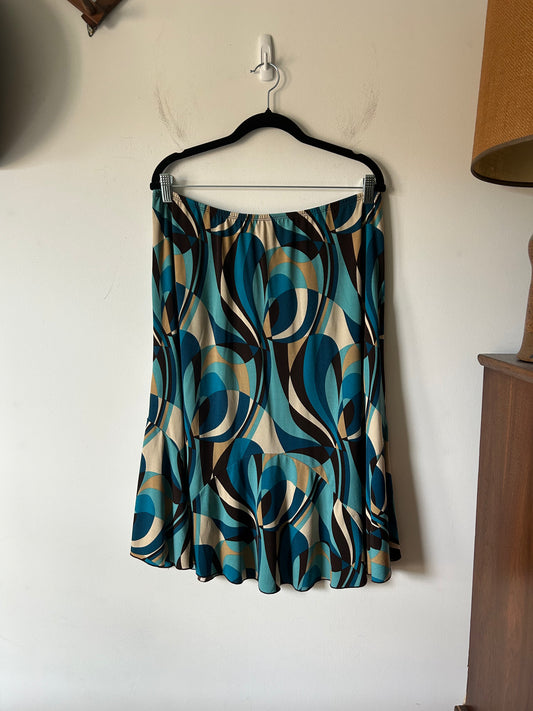 psychedelic blue and mocha print stretchy skirt