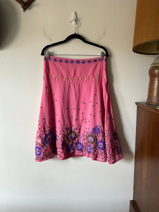 pink linen embroidered skirt