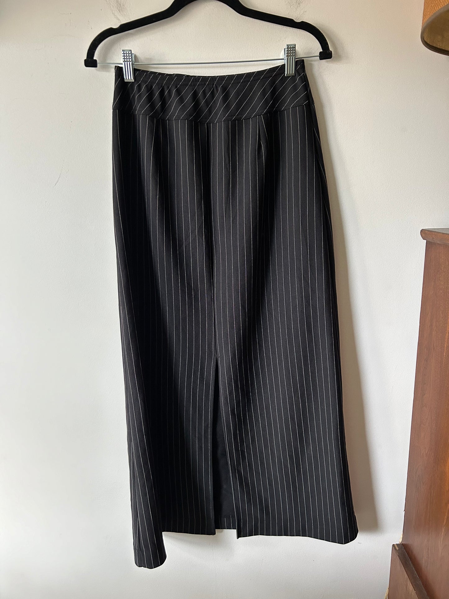 full length black pinstripe skirt