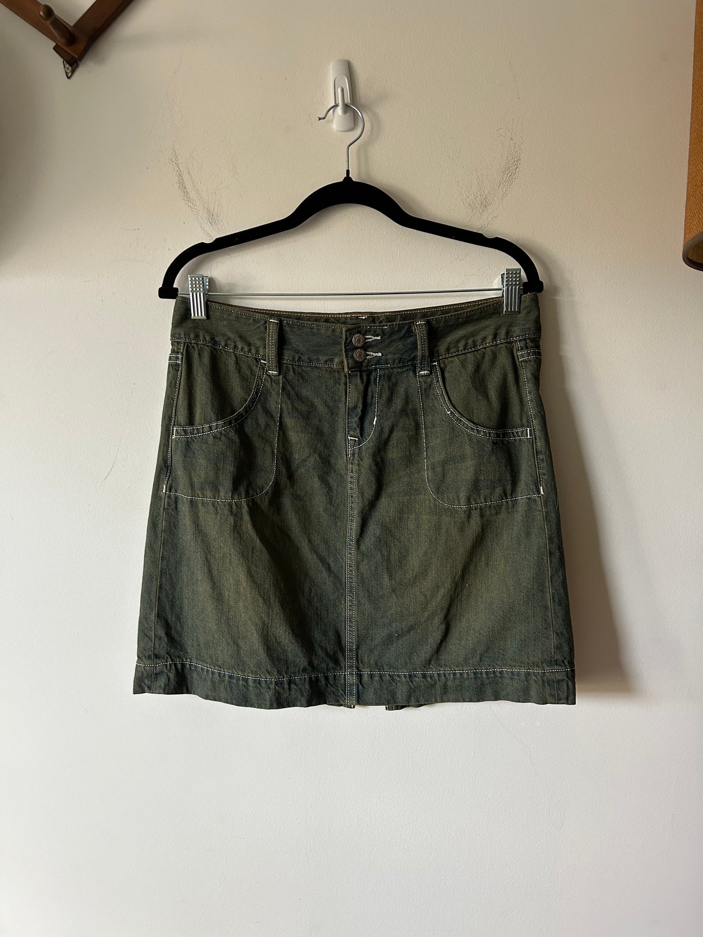 dark green acid wash denim mini skirt