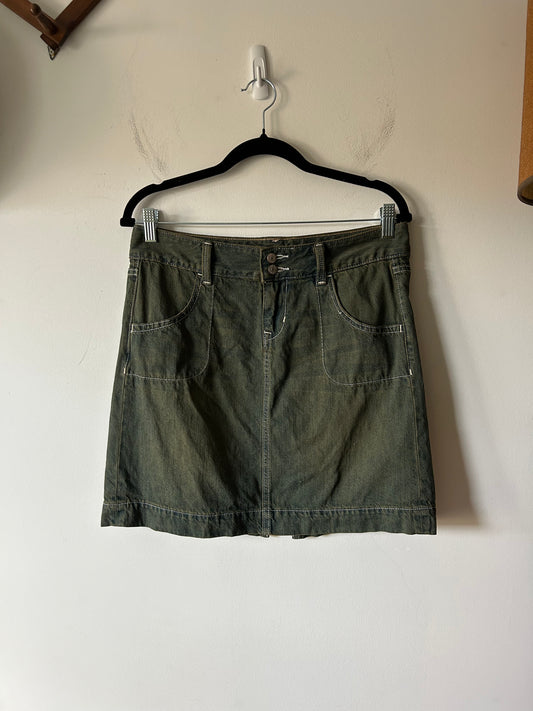 dark green acid wash denim mini skirt