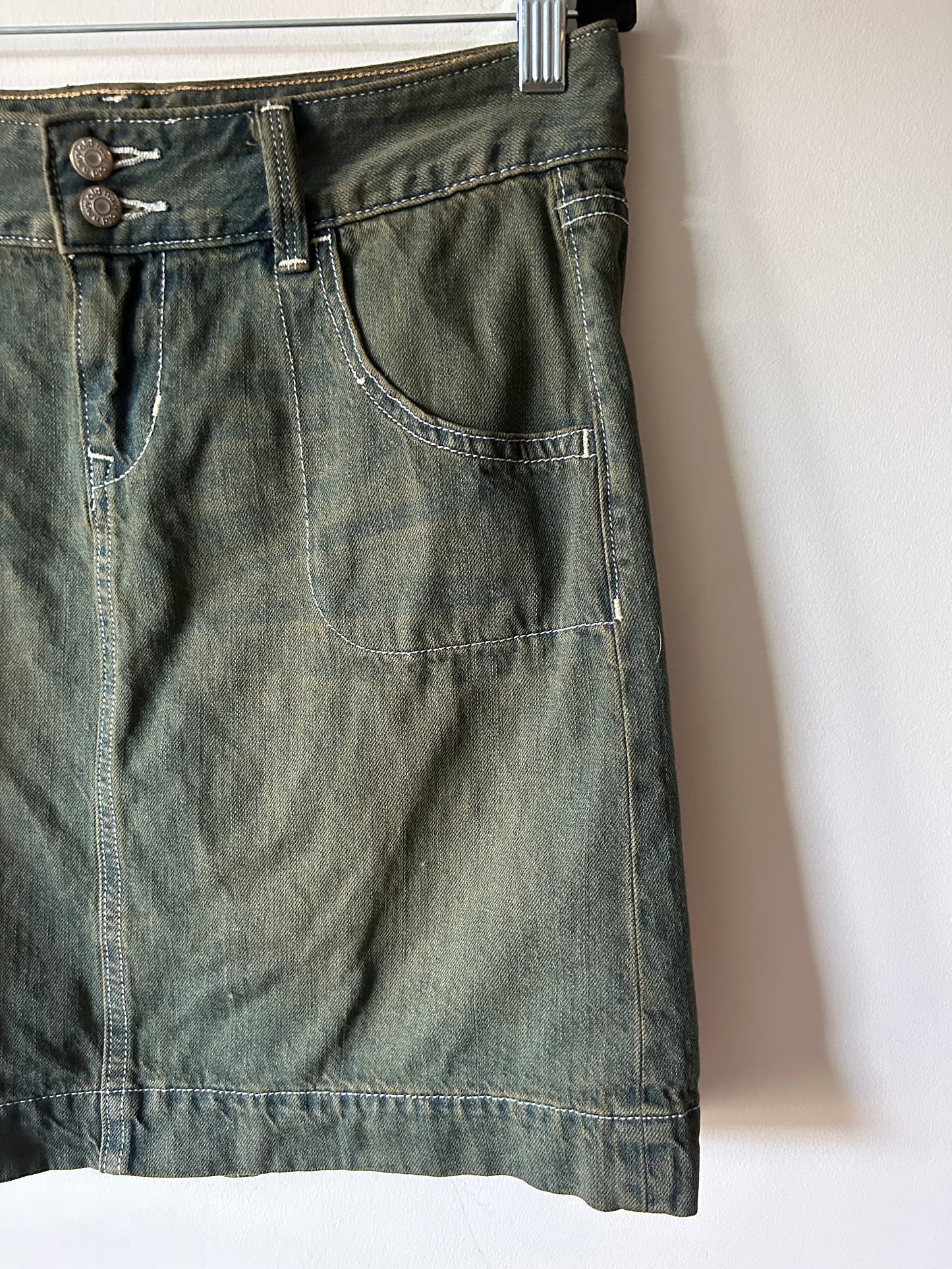 dark green acid wash denim mini skirt